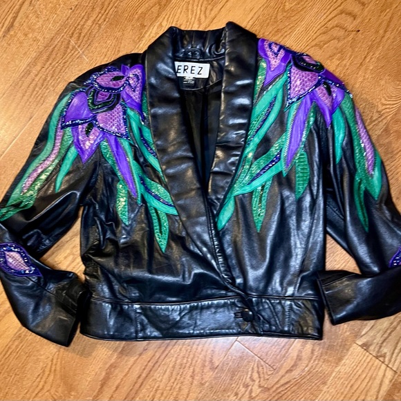 EREZ Vintage 1980’s Flaming Iris Leather jacket with snakeskin and beaded detail - Picture 4 of 10